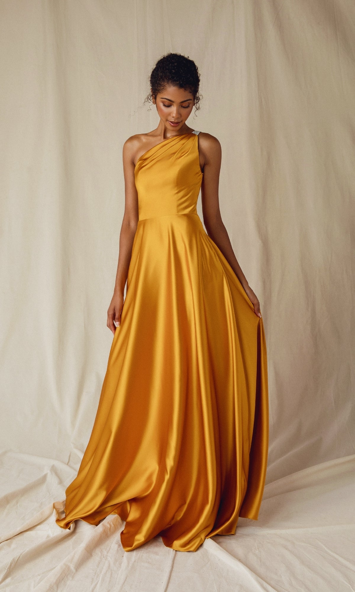 One-Shoulder Long Satin Formal Dress with Pockets Marigold / XLarge One-Shoulder Long Satin Formal Dress with Pockets Marigold / XLarge