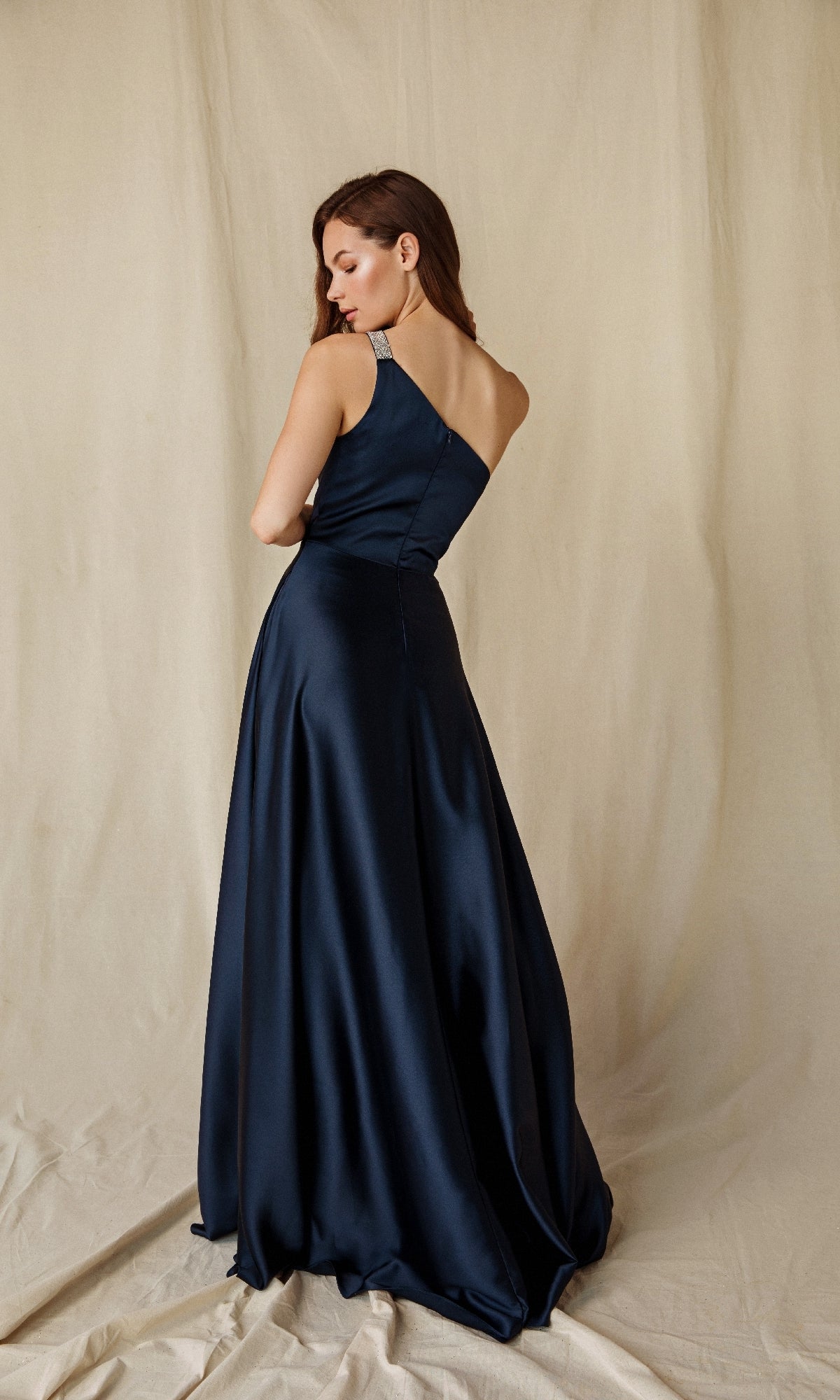 One-Shoulder Long Satin Formal Dress with Pockets Burgundy / XSmall One-Shoulder Long Satin Formal Dress with Pockets Burgundy / XSmall