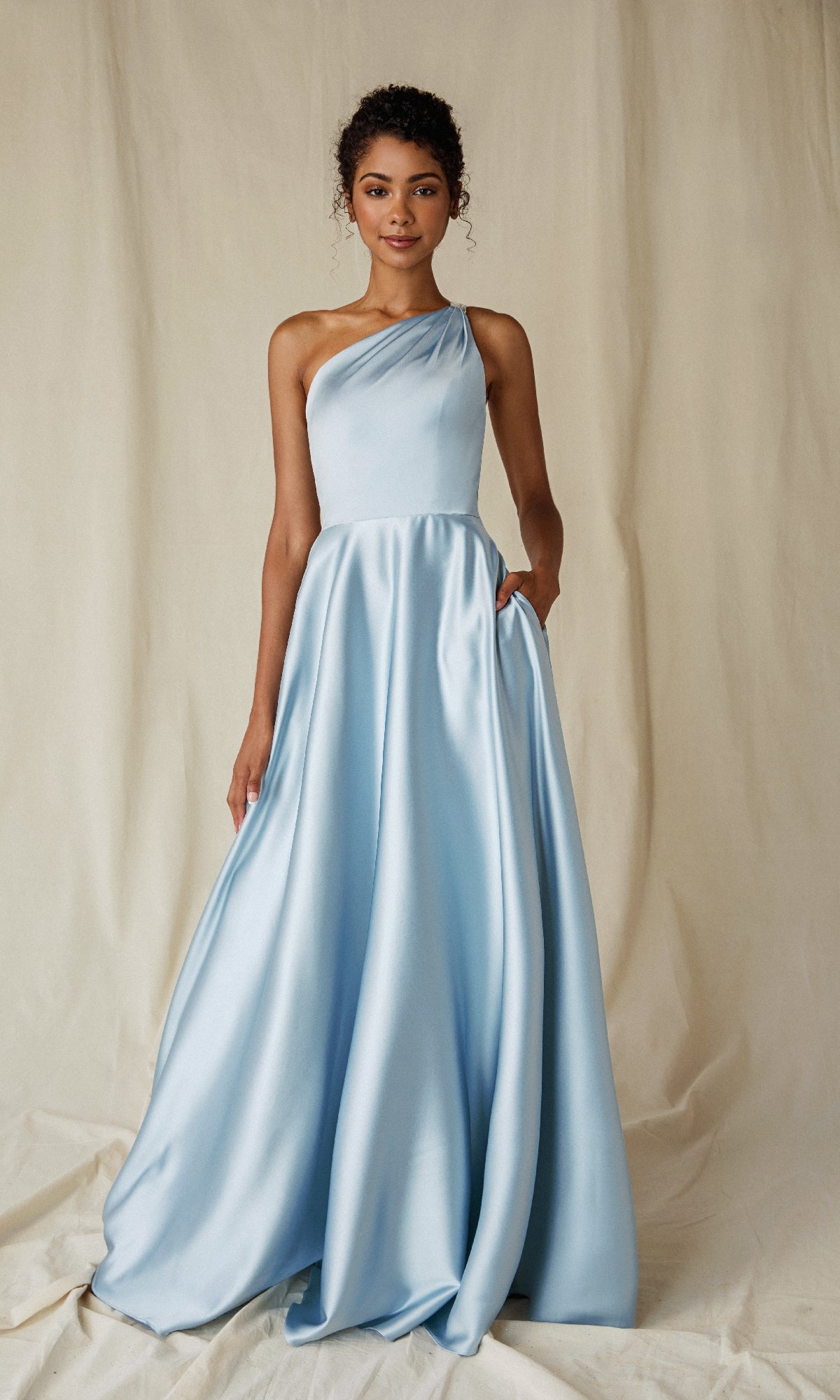 One-Shoulder Long Satin Formal Dress with Pockets– PromGirl