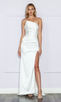 A woman stands against a light purple wall wearing the One-Shoulder Open-Back Long White Prom Dress 9030, an elegant satin gown with a thigh-high slit, paired with silver strappy heels.