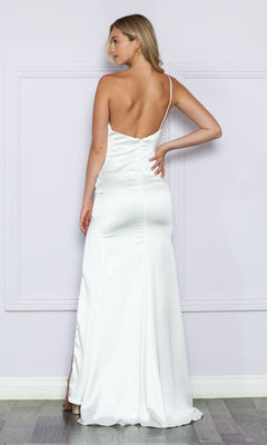 A woman faces away, modeling the One-Shoulder Open-Back Long White Prom Dress 9030—an elegant, affordable evening gown with a single strap, open back, and flowing white satin skirt against a light-colored wall.