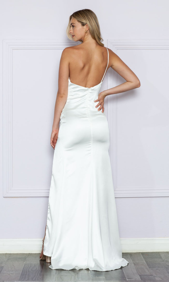 One-Shoulder Open-Back Long White Prom Dress 9030