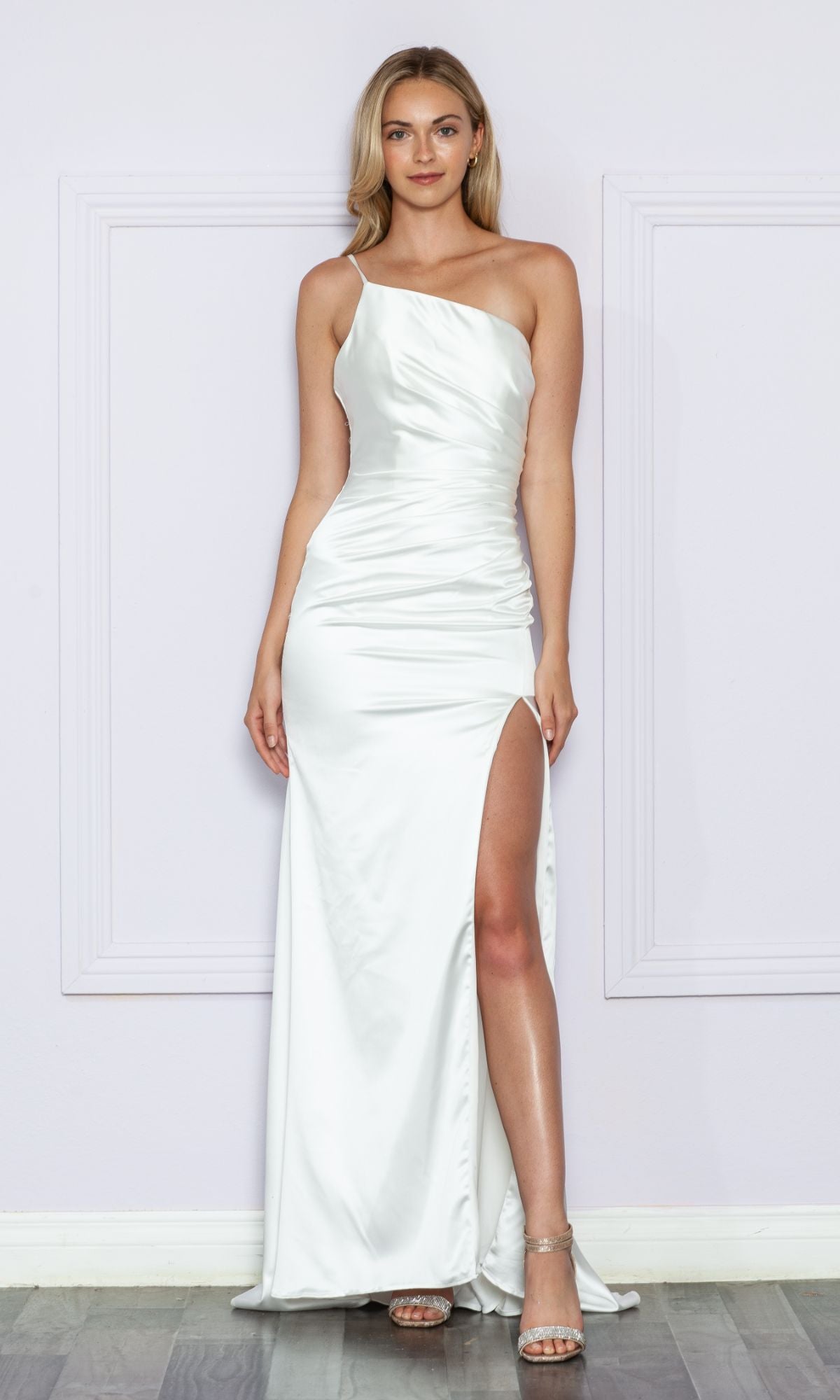 One-Shoulder Open-Back Long White Prom Dress 9030