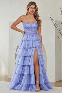 Amelia Couture 9053 periwinkle strapless evening gown with a beaded corset bodice of floral embroidery, a tiered tulle skirt, and a high leg slit.