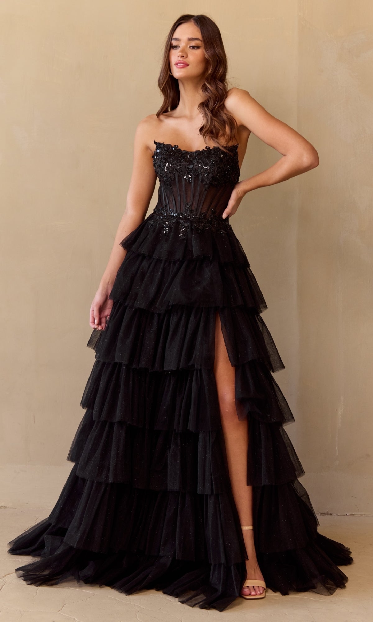 Strapless Long A-Line Ruffled Prom Dress with Beads– PromGirl
