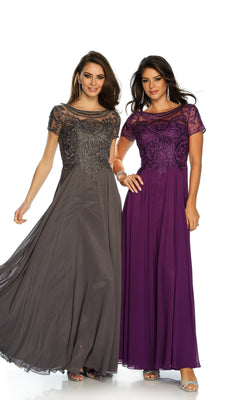 Two women wear Dave & Johnny A9071 short sleeve formal dresses with sheer, embroidered bodices—one in gray, one in purple.