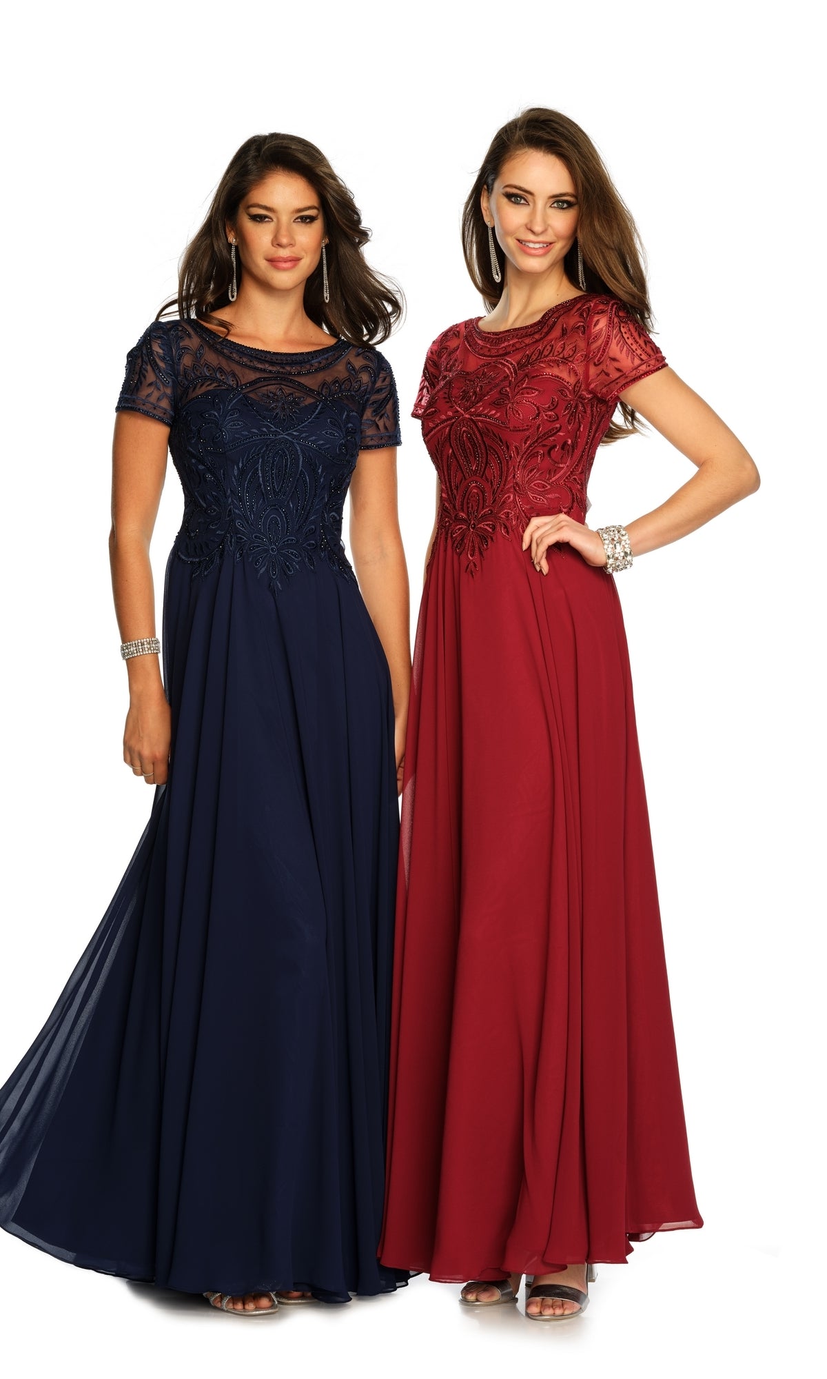 Two women stand side by side against a white background, each wearing the Dave & Johnny A9071 Short Sleeve Formal Dress—one in navy blue with lace detailing, the other in burgundy—perfect as a long A-line gown for any special occasion.