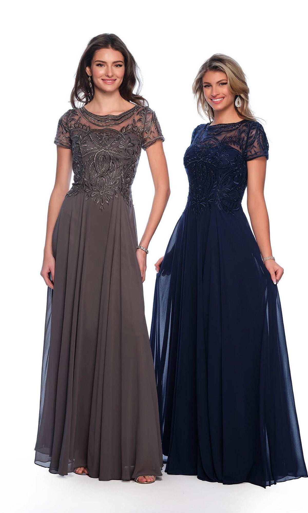 Two women stand side by side in elegant Dave & Johnny A9071 short sleeve formal dresses with sheer, beaded bodices; one gown is taupe, the other navy blue.