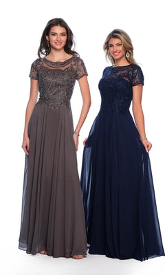 Two women stand side by side in elegant Dave & Johnny A9071 short sleeve formal dresses with sheer, beaded bodices; one gown is taupe, the other navy blue.