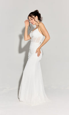 Woman poses against a plain light background in the Sheer-Waist Tight Long Prom Dress: Eureka 9077, a sleeveless white evening gown featuring mesh cutouts, with one hand raised near her head.