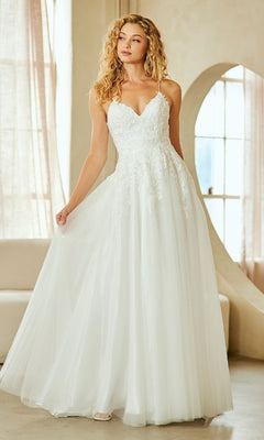 Woman wearing a long white tulle ball gown with a monotone beige background.