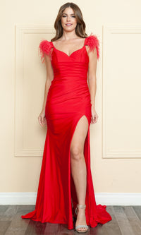 Long Jersey Prom Dress with Feather Straps 9082