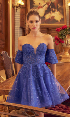 A woman in the Bell-Sleeve Short Sweetheart Prom Dress 909 stands in an ornately decorated room with wooden furniture and classical paintings in the background.