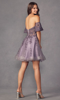 A woman models the Bell-Sleeve Short Sweetheart Prom Dress 909, featuring an off-the-shoulder corset bodice and glitter details, paired with heels as she looks back over her shoulder against a gray backdrop.
