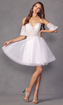 A woman wears the Bell-Sleeve Short Sweetheart Prom Dress 909—white, off-the-shoulder with a corset-style lace bodice and flared skirt—standing against a plain gray background.