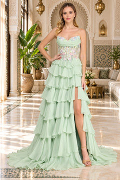 Amelia Couture 9103 mint-green tiered ruffle gown with a beaded corset bodice, sweetheart neckline, and a high side slit.