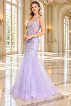Amelia Couture 9104 lilac floral mermaid prom dress featuring a plunging neckline and a sheer bodice adorned with silver beading and delicate appliqués.