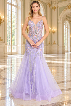 Amelia Couture 9104 lavender floral mermaid prom dress featuring a plunging neckline, illusion bodice, and silver beading throughout.