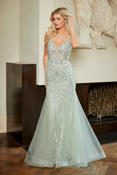 Amelia Couture 9104 floor-length, sage green floral mermaid prom dress with a plunging neckline, intricate floral embroidery, and silver beadwork.
