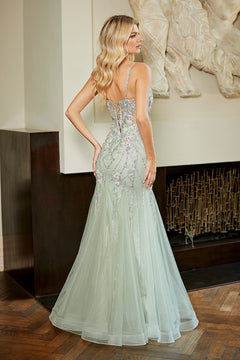 Back view of an Amelia Couture 9104 mermaid prom dress in light green with thin straps, silver embroidery, and a lace-up corset back.