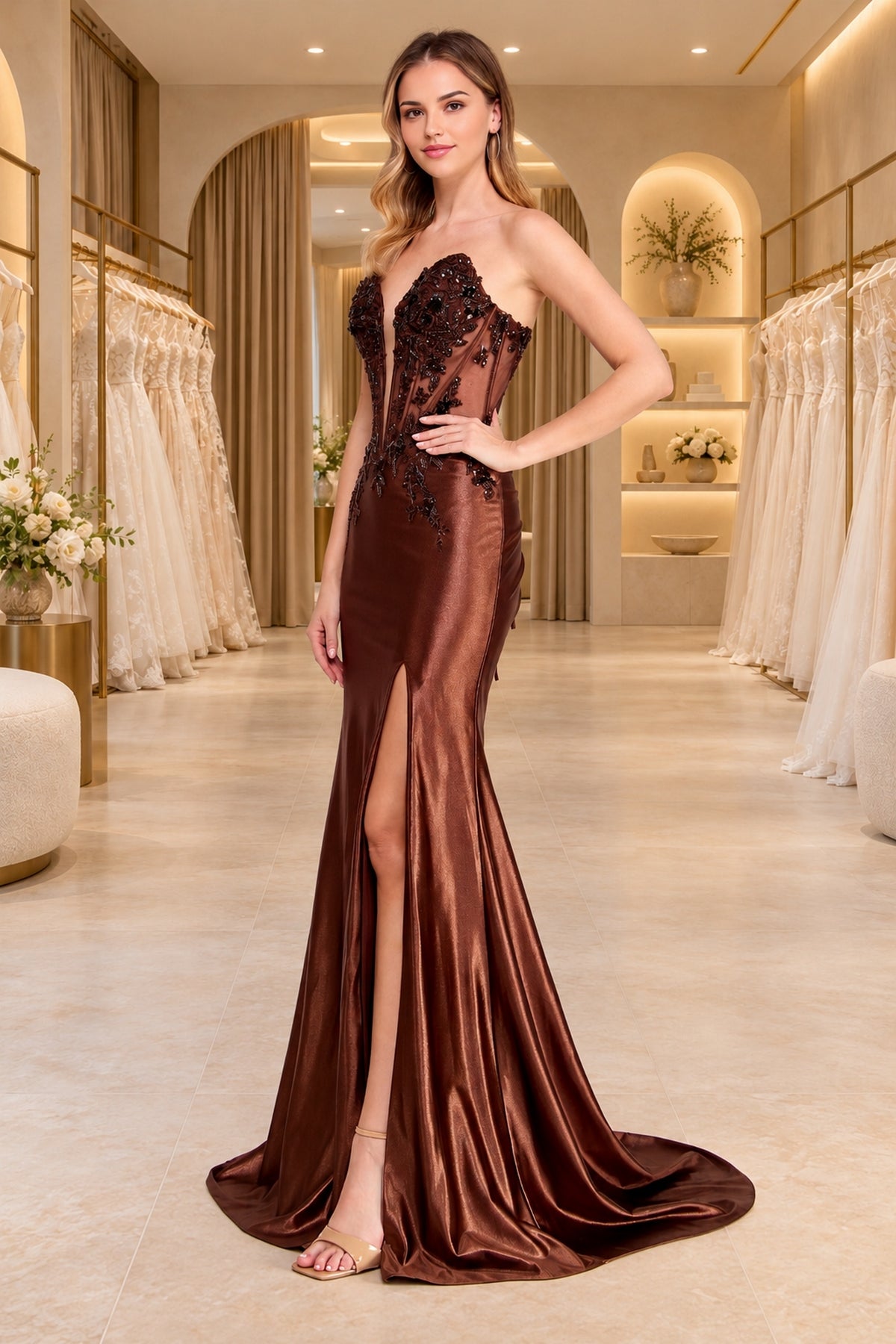 A woman wearing an Amelia Couture 9107 brown strapless sweetheart prom dress featuring a sheer, beaded bodice, sequin appliques, and a high leg slit.