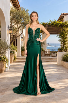 Amelia Couture 9107 is a floor-length emerald green plunging corset prom dress with a beaded bodice and high side slit.
