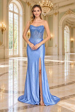 Amelia Couture 9110 strapless blue floor-length corset bodice gown with all-over bead embellishments and a high leg slit.