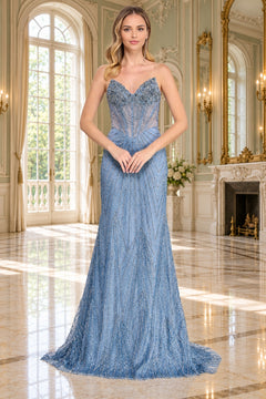 Amelia Couture 9111 is a strapless, floor-length blue beaded prom dress with a bodice and skirt featuring intricate vertical beaded patterns.