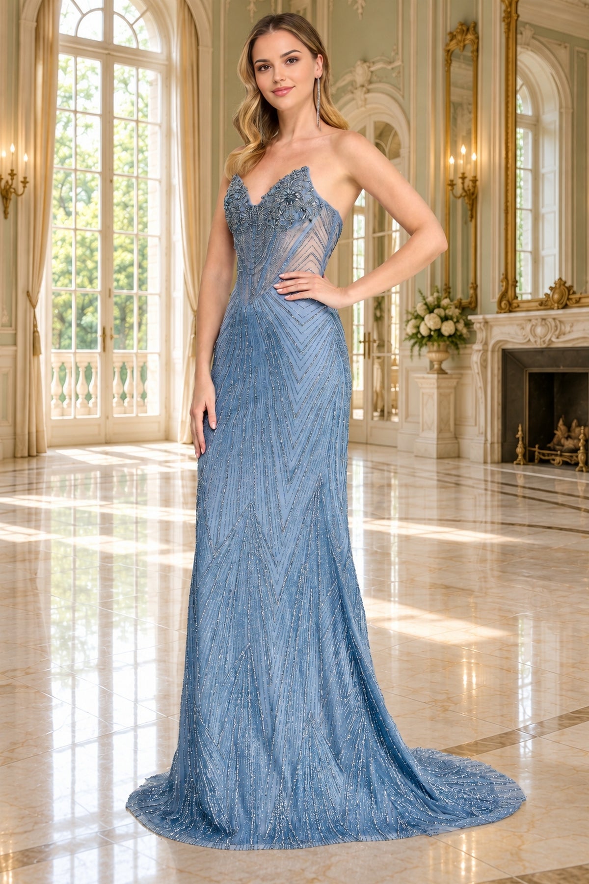 Amelia Couture 9111 sleeveless, floor-length blue beaded prom dress with a chevron-patterned skirt and a sweetheart neckline featuring floral embellishments.