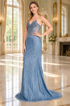 Amelia Couture 9111 sleeveless, floor-length blue beaded prom dress with a chevron-patterned skirt and a sweetheart neckline featuring floral embellishments.