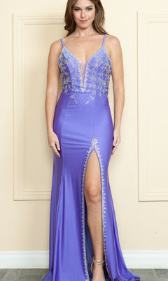 A woman in the Poly USA 9120 Backless Long Jersey Prom Dress—a fitted, floor-length purple gown with thin straps, sheer embellished bodice, and thigh-high slit—stands against a beige wall.