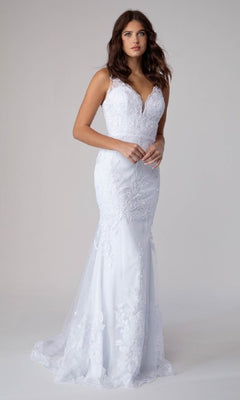 A woman models the Eureka 9130 long embroidered-lace prom dress, a white sleeveless gown with a mermaid silhouette, standing against a plain light background.