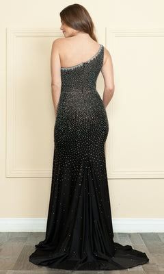 A woman is seen from behind in the Beaded One-Shoulder Long Prom Dress: Poly USA 9146, a black gown featuring a fitted silhouette and sparkling embellishments throughout.