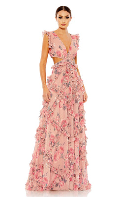 A woman models the Mac Duggal 9152—a sleeveless, floor-length pink floral evening gown with ruffle details, waist cutouts, and an elegant silhouette—against a white background.
