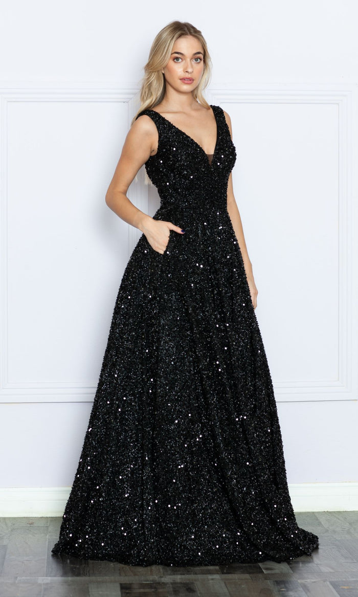 Long Black Sequin A-Line Prom Dress 9168