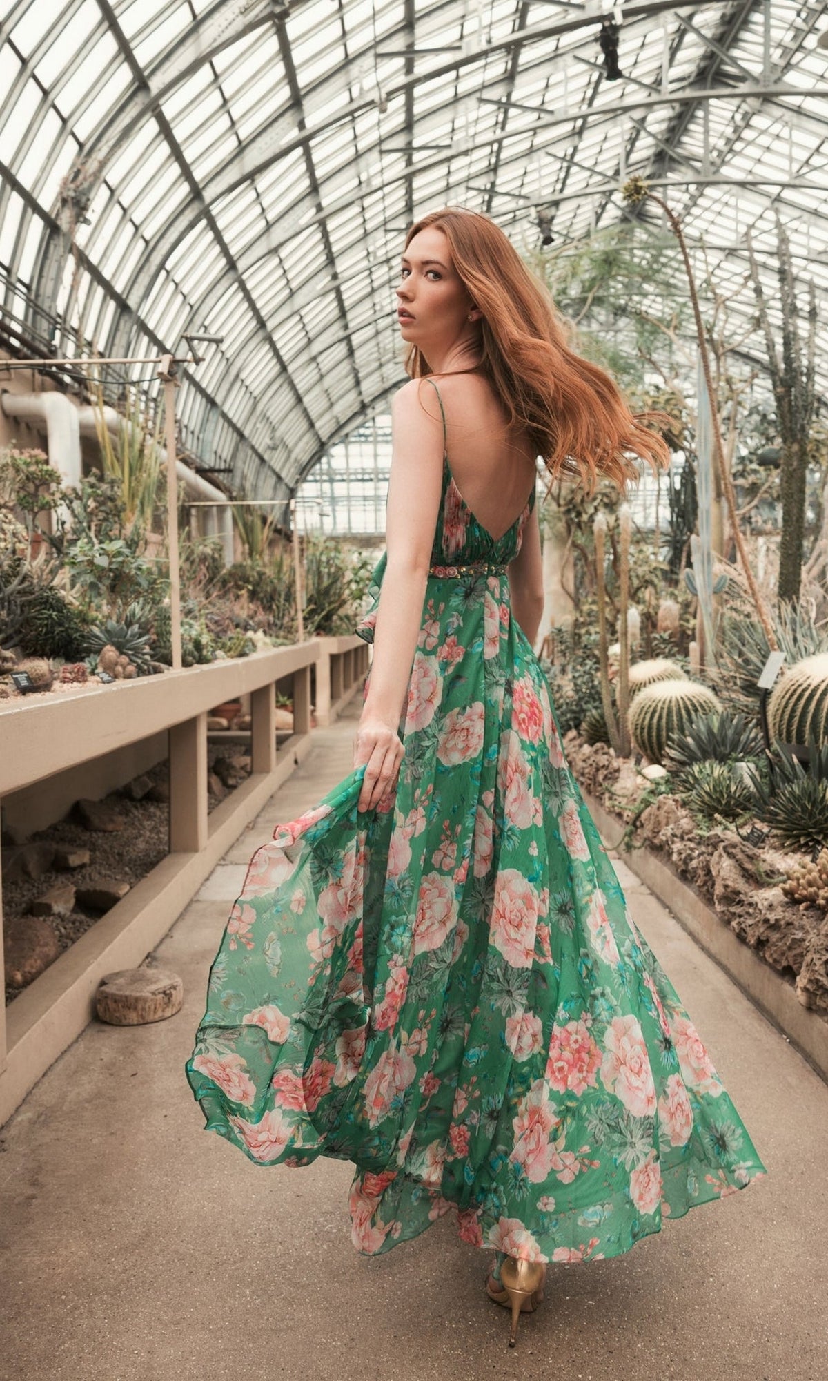 Floral-Print Long Green Formal Dress with Ruffle PromGirl Floral-Print Long Green Formal Dress with Ruffle PromGirl