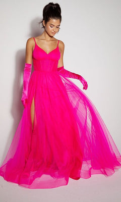 A woman poses against a plain wall in the Eureka 9177 Corset Long Tulle Prom Ball Gown, featuring a bright pink hue, sheer skirt with high slit, matching gloves, and her hair styled in a high ponytail.