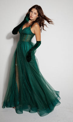 A woman stands against a plain white background wearing the Eureka 9177 Corset Long Tulle Prom Ball Gown in emerald green, featuring an a-line silhouette, corset bodice, tulle fabric, and matching long gloves.