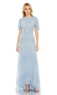 Short Sleeve Long Blue Formal Dress with Sequins