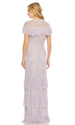 Woman wearing the Lilac Long Sequin Formal Dress by Mac Duggal 9195, featuring lace detailing, short sleeves, and tiered ruffles, shown from the back.