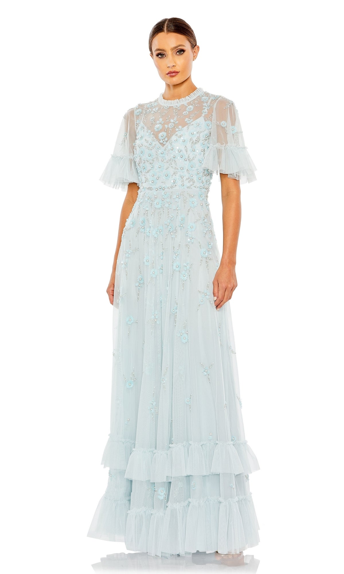 Long Beaded A-Line Formal Dress with Short Sleeves PromGirl Long Beaded A-Line Formal Dress with Short Sleeves PromGirl