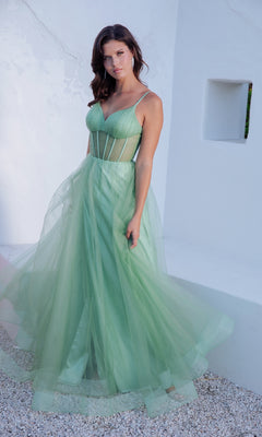 Sheer-Corset Long Sage Prom Dress: Eureka 9199 Sage / XSmall Sheer-Corset Long Sage Prom Dress: Eureka 9199 Sage / XSmall