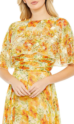 A woman wears the Long Formal Dress 9201 by Mac Duggal, featuring a yellow floral a-line silhouette with short flutter sleeves and a fitted waist, shown from shoulders to mid-thigh.