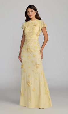 A woman stands against a plain gray background wearing the Mac Duggal 9206 Beaded Periwinkle Formal Gown.