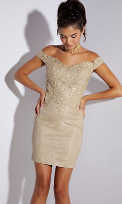 slim fit dress slacks Off-The-Shoulder Short Wedding-Guest Dress with Glitter Champagne / XLarge
