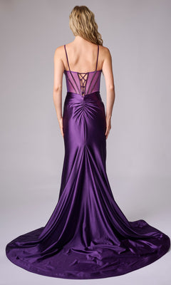 A woman stands against a plain background wearing the Nina Canacci 9206: a floor-length, deep purple formal dress featuring a lace-up back, fitted bodice, and flowing train.