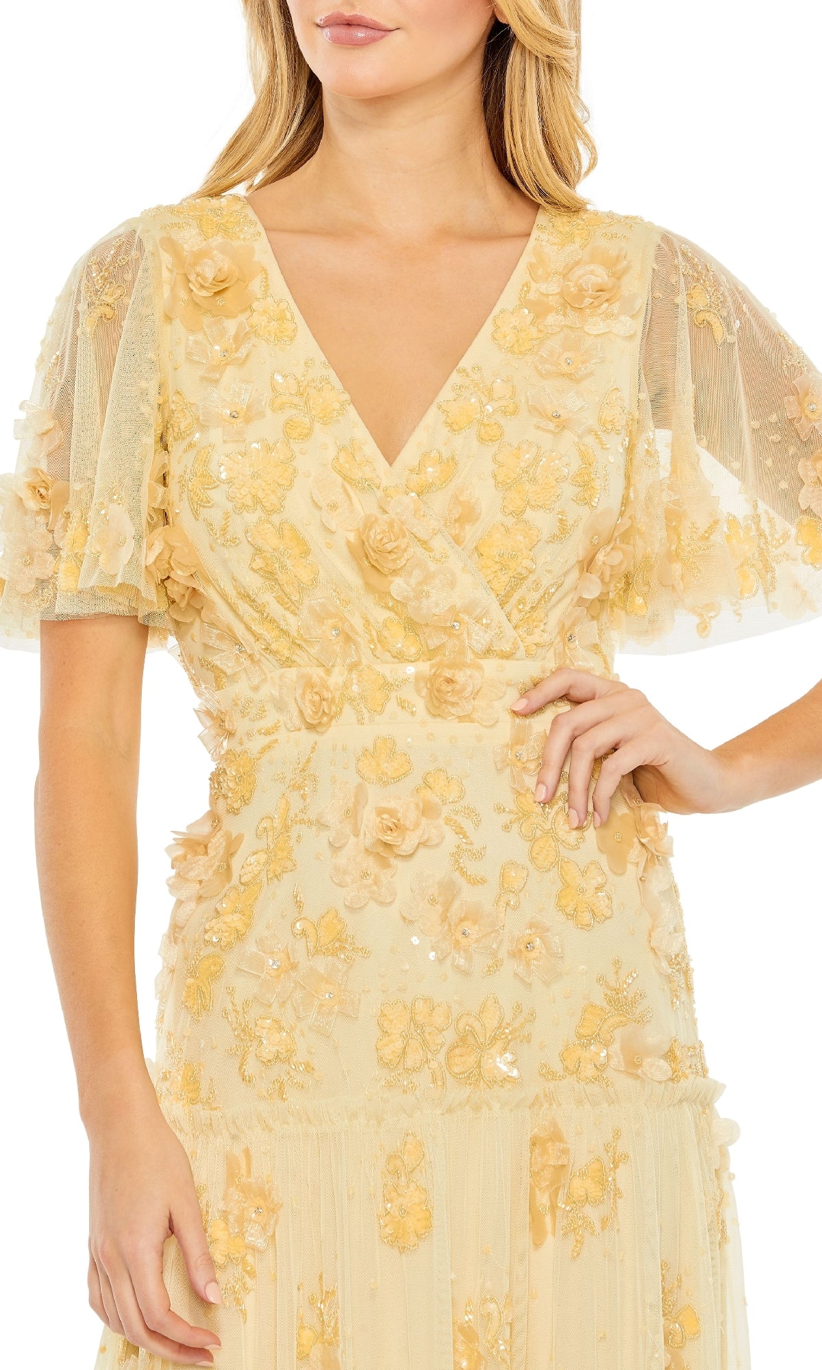 Yellow Floral Embellished Flutter Sleeve Dress