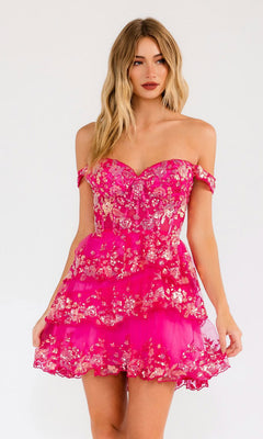 A woman wears the Sequin Sheer Corset Homecoming Dress Juliet JT920K, featuring a bright pink, off-the-shoulder design with gold floral details and a tiered mini skirt, posed against a plain background.