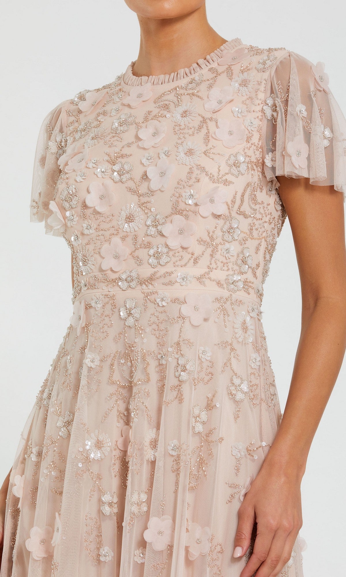 Brown Embellished High Neck Flutter Sleeve A Line Dress