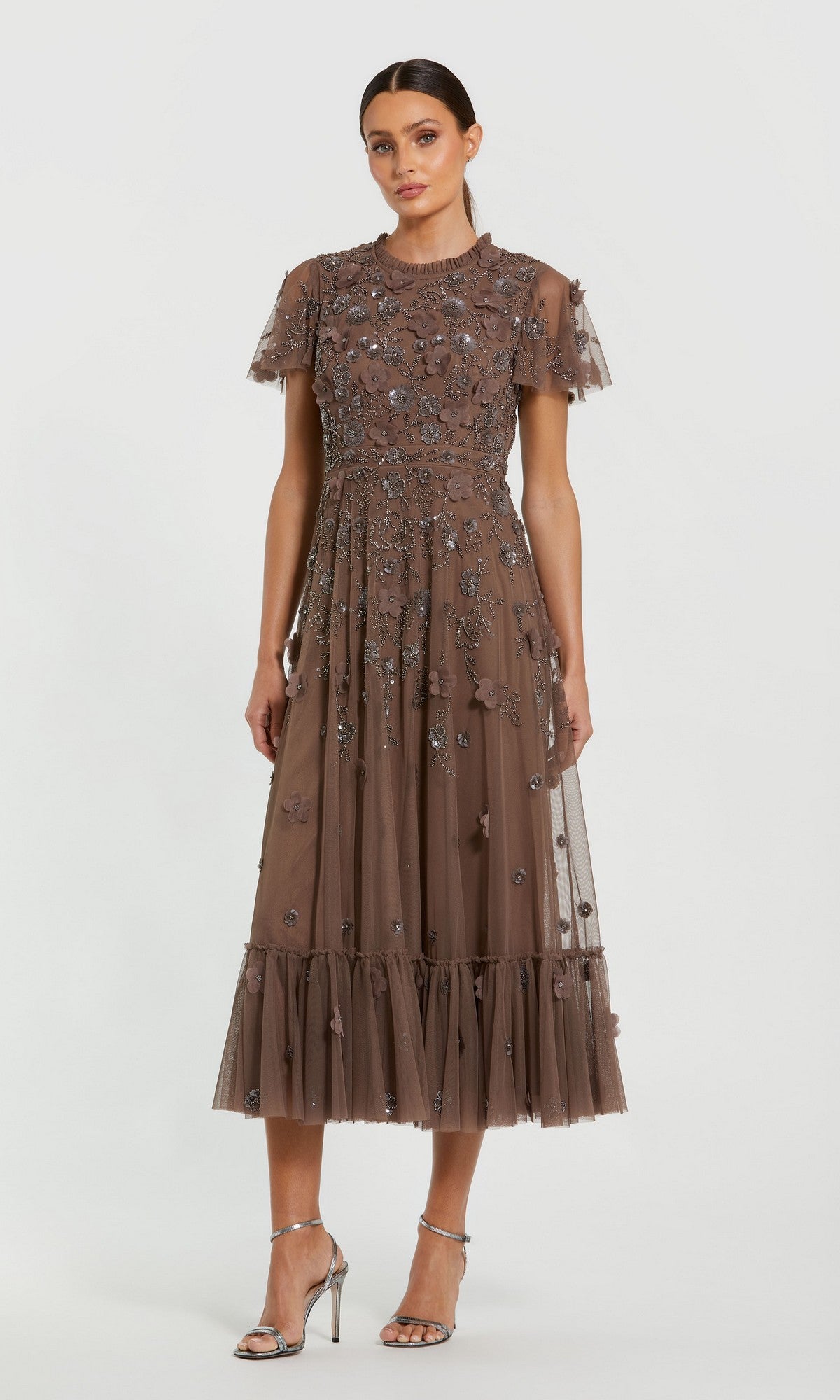 Brown Embellished High Neck Flutter Sleeve A Line Dress